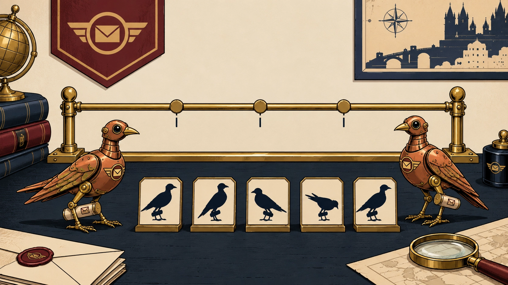 Mechanical postal birds and a straight brass rail for a Ventorn logic puzzle