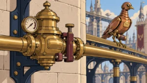 Close-up of an East Tower line regulator under maintenance beside a waiting mechanical postal bird