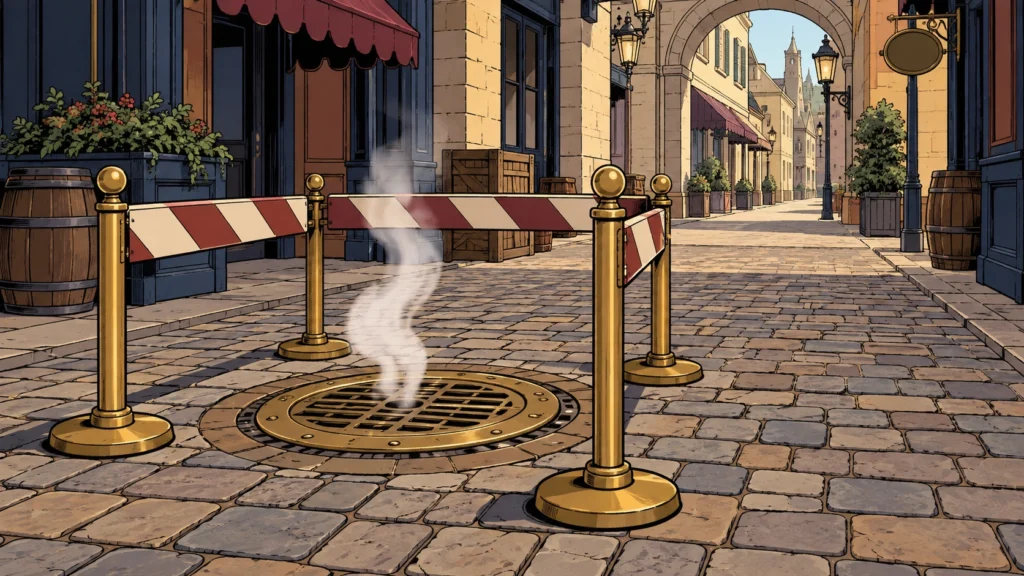 Temporary barrier around a Market Lane steam vent with a clear pedestrian route beyond