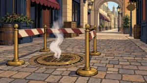 Temporary barrier around a Market Lane steam vent with a clear pedestrian route beyond