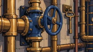 Blue municipal valve and maintenance key on a Valve Street pipe wall
