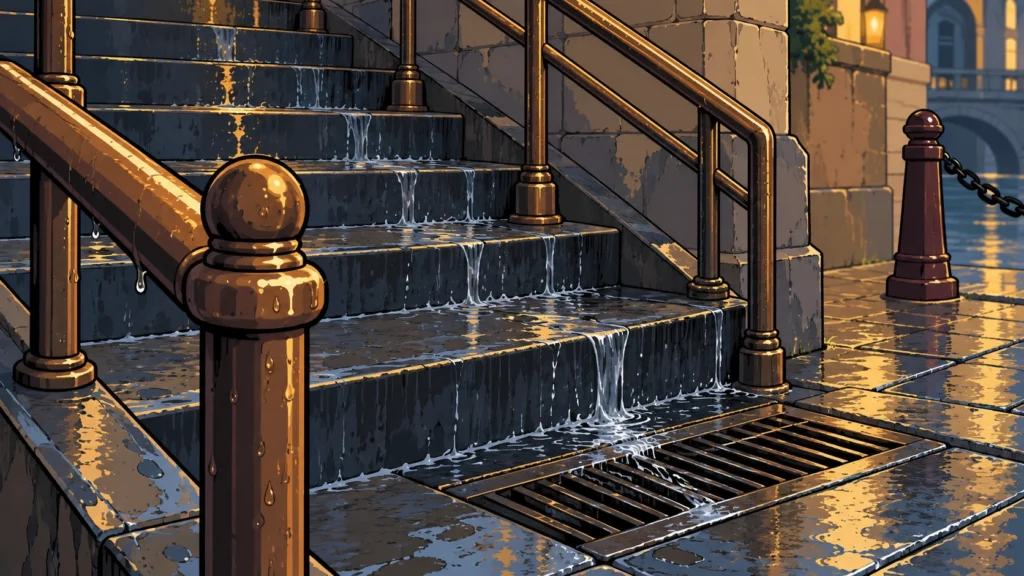 Wet Lower Quarter stairs, handrail and drainage grate after rain