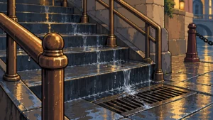 Wet Lower Quarter stairs, handrail and drainage grate after rain