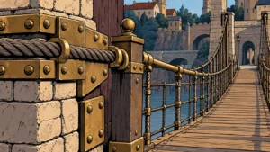 Repaired rope bridge entrance showing reinforced rivets, cable and handrail
