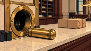 Approved message capsule beside a delivery-tube opening with a parcel kept at the counter