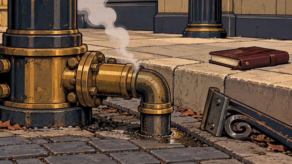 Routine city maintenance details including a small steam leak, damaged sign bracket and engineer's notebook