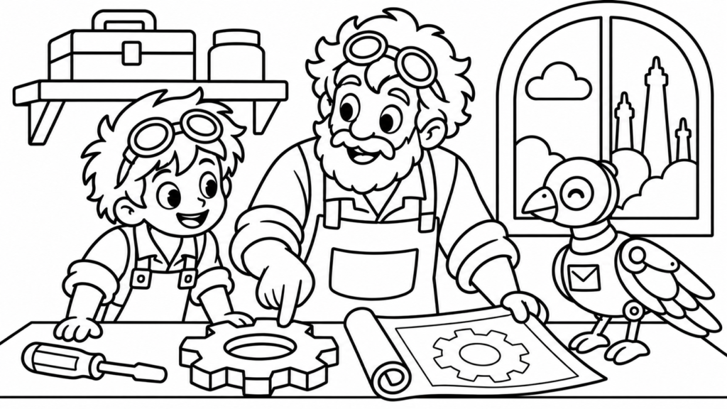 Colour El and Orwin in the Workshop