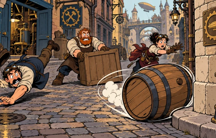 Workshop Alley Closed by Runaway Barrel That Changes Direction Twice