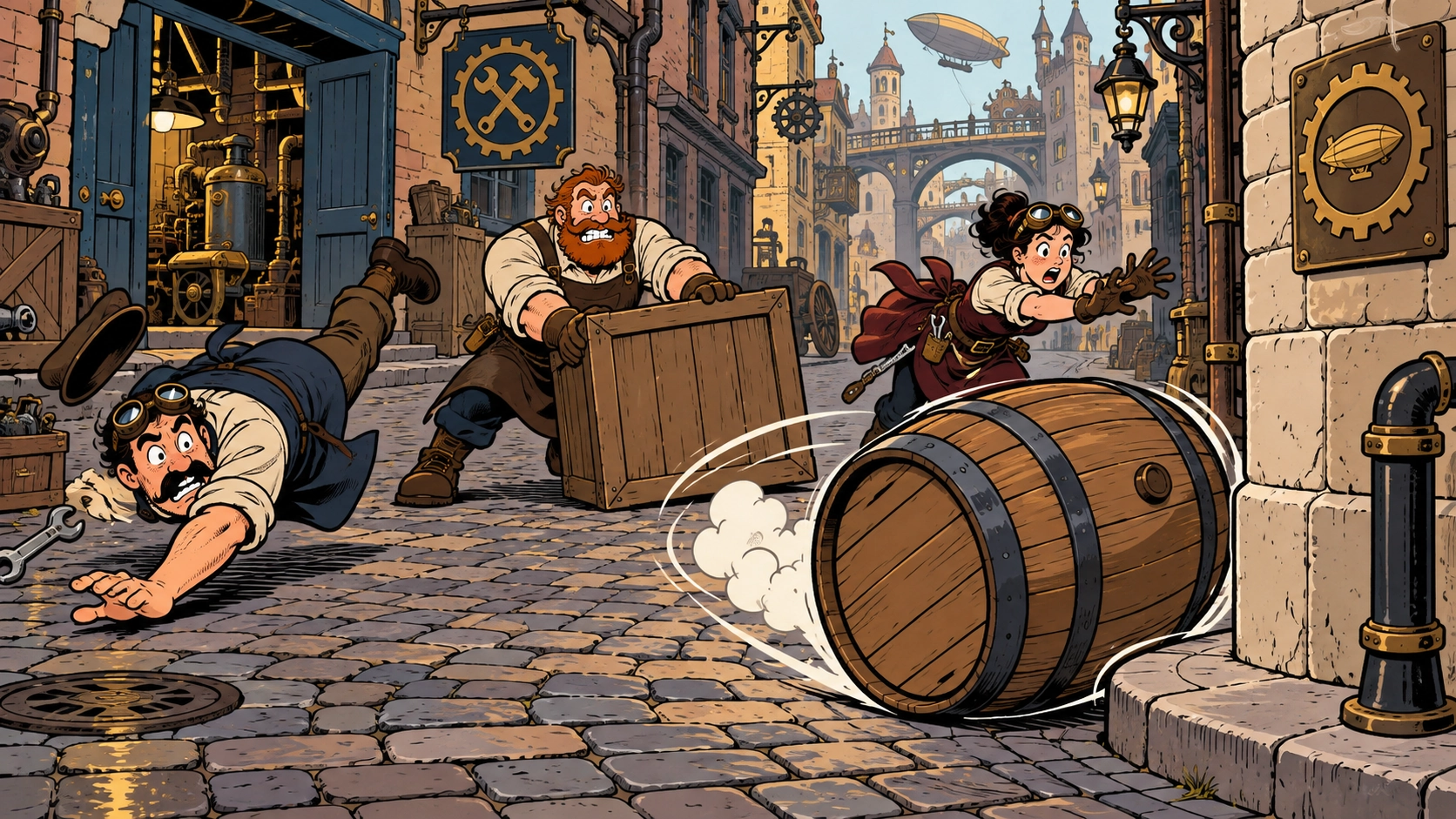 Workshop Alley Closed by Runaway Barrel That Changes Direction Twice