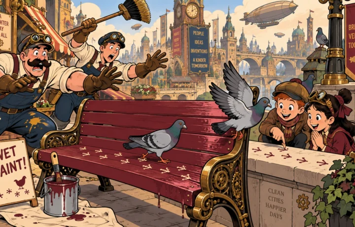 Pigeons Occupy Freshly Painted Bench Before Paint Is Dry