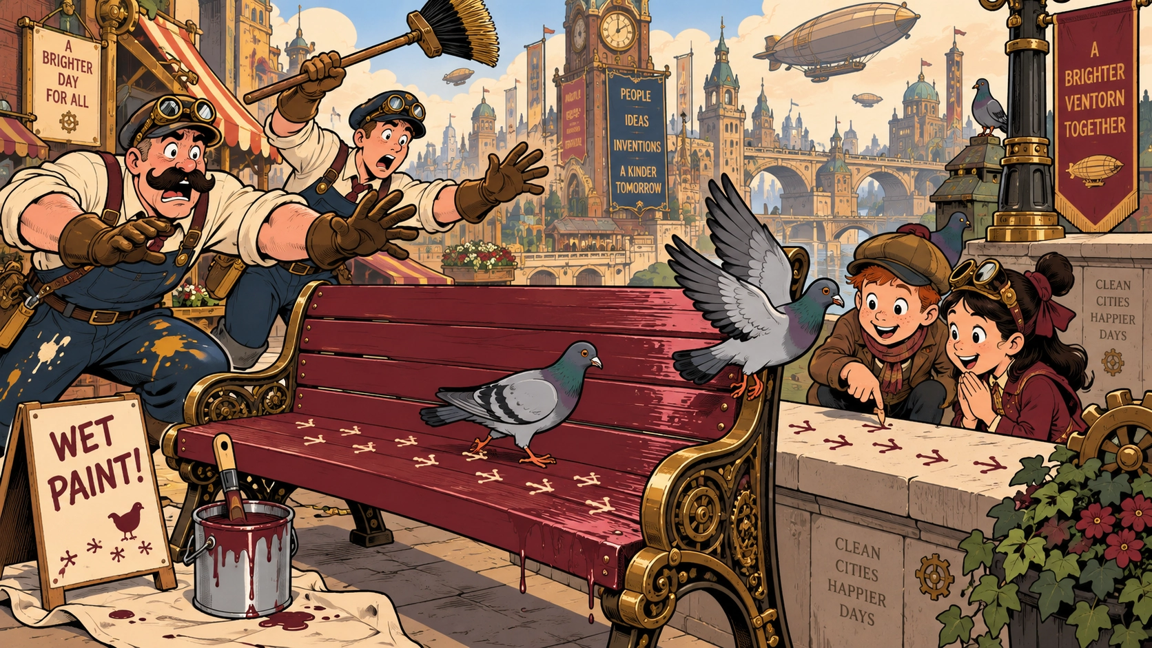 Pigeons Occupy Freshly Painted Bench Before Paint Is Dry