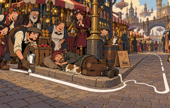 Street Painter Paints Line Around Sleeping Man Rather Than Wake Him