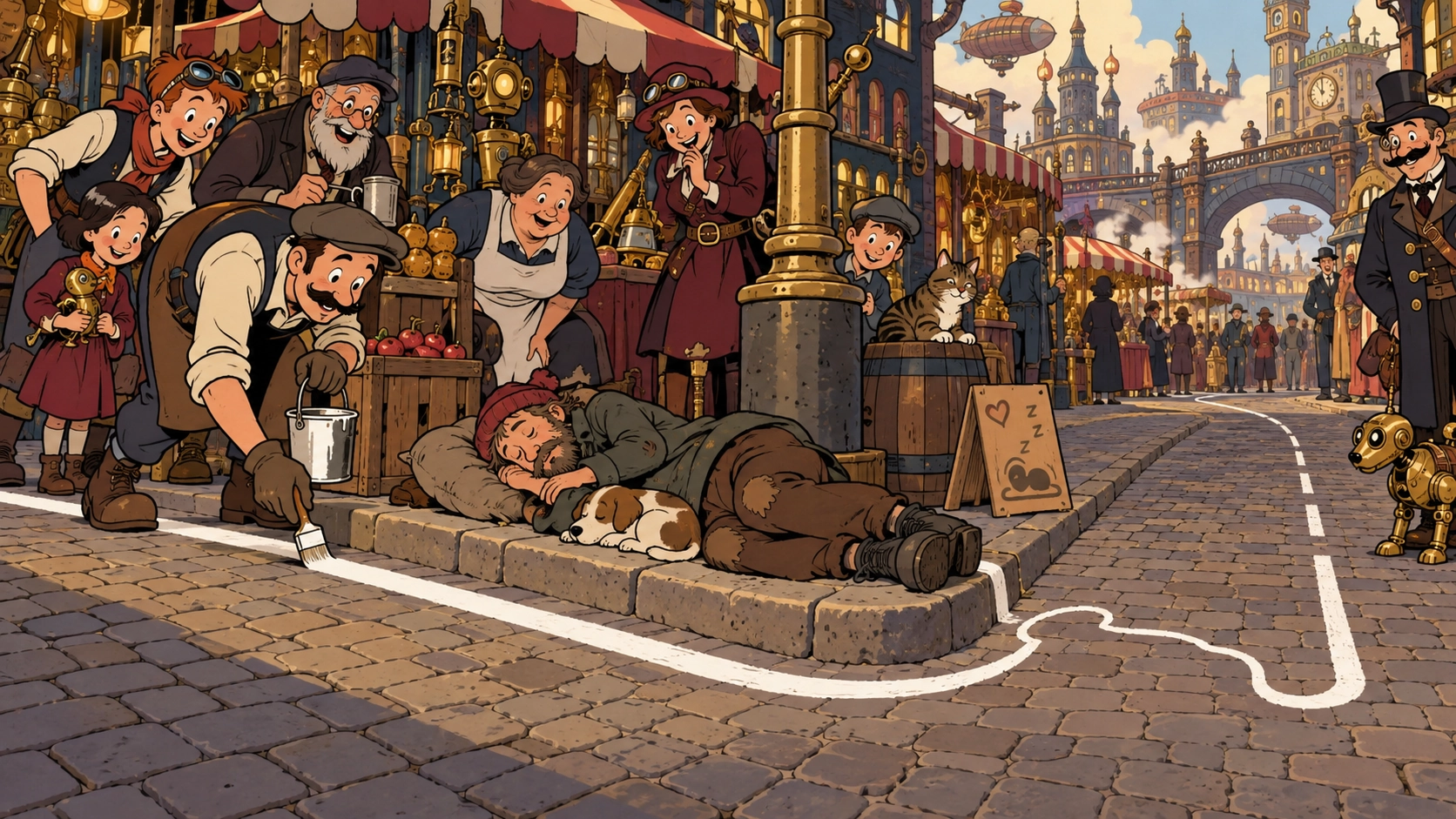 Street Painter Paints Line Around Sleeping Man Rather Than Wake Him