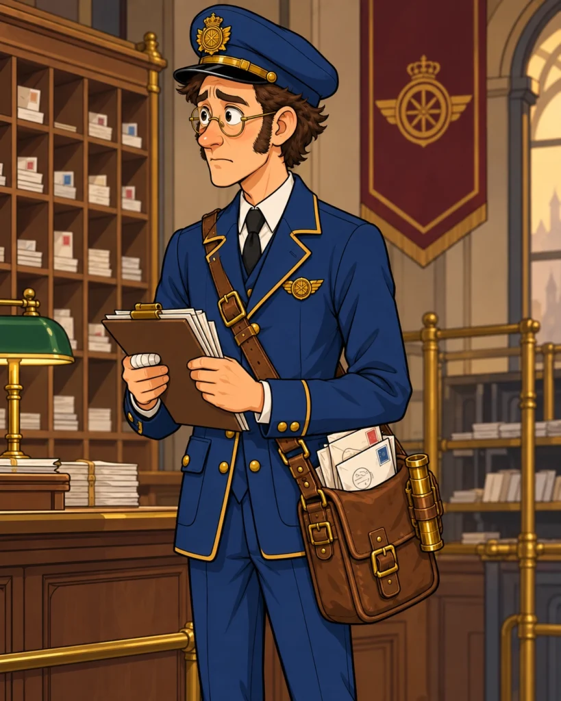 Vertical character portrait of Gobbs in Ventorn Postal Service uniform