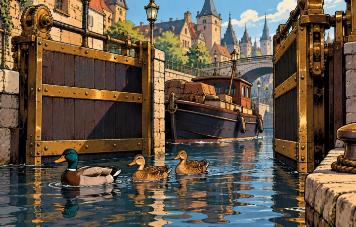 Canal Gate Opens Slowly; Three Ducks Pass Before Boat Does