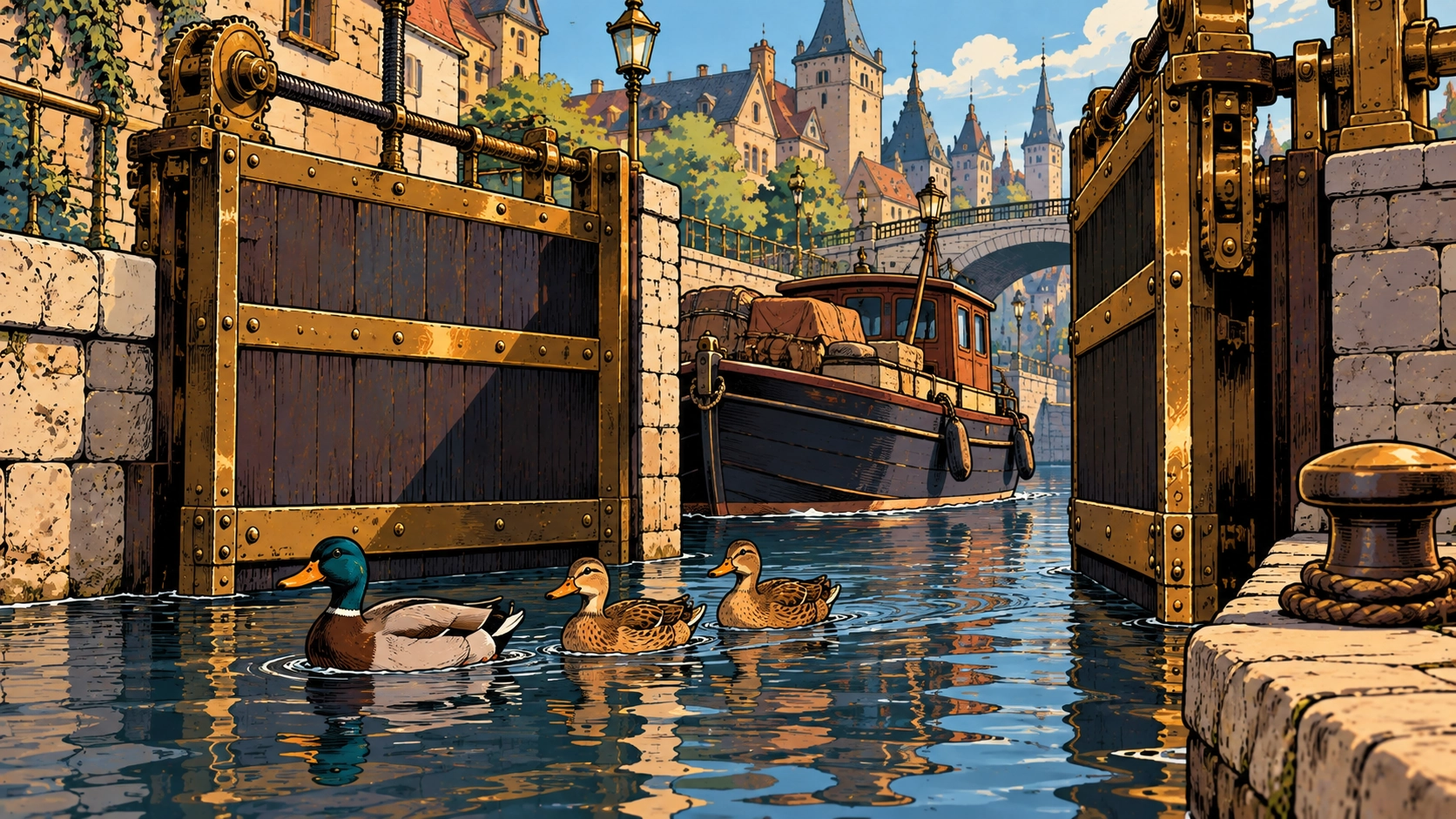 Canal Gate Opens Slowly; Three Ducks Pass Before Boat Does