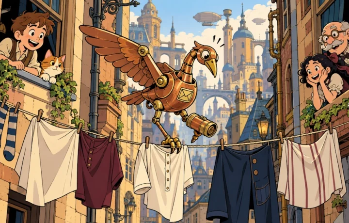 Rooftop Laundry Line Crosses Alley; Postal Bird Chooses the Scenic Route