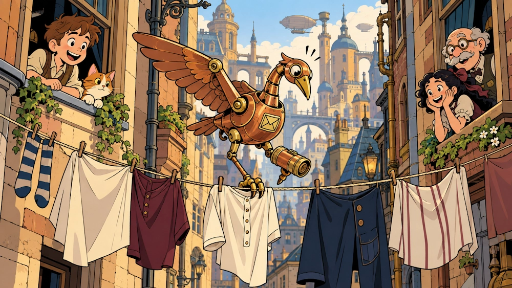 Rooftop Laundry Line Crosses Alley; Postal Bird Chooses the Scenic Route