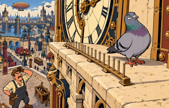 Clock Tower Pigeon Avoids New Anti-Perch Rail by Standing Beside It