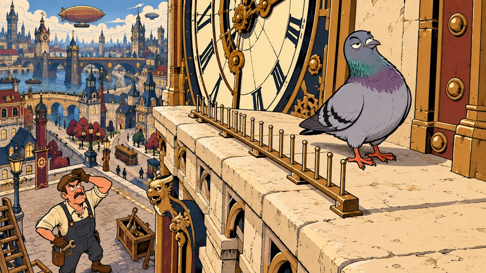 Clock Tower Pigeon Avoids New Anti-Perch Rail by Standing Beside It
