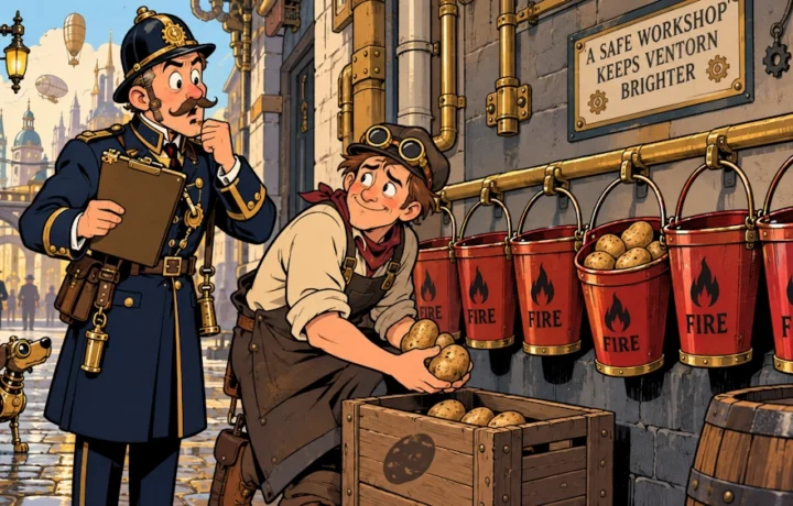 Workshop Alley Tests New Fire Buckets; One Bucket Already Contains Potatoes