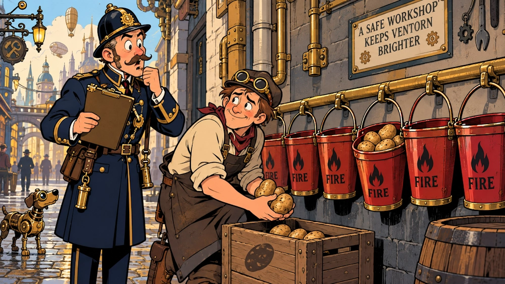 Workshop Alley Tests New Fire Buckets; One Bucket Already Contains Potatoes