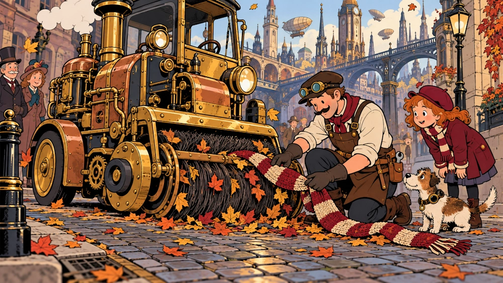 Mechanical Street Sweeper Collects Twelve Leaves and One Entire Scarf